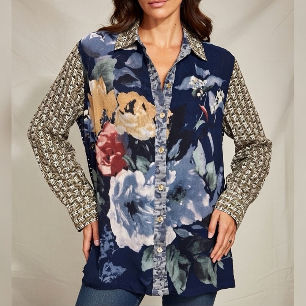 John Mark Long Sleeve Button Down Shirt Floral Front Navy Polka Dot Back